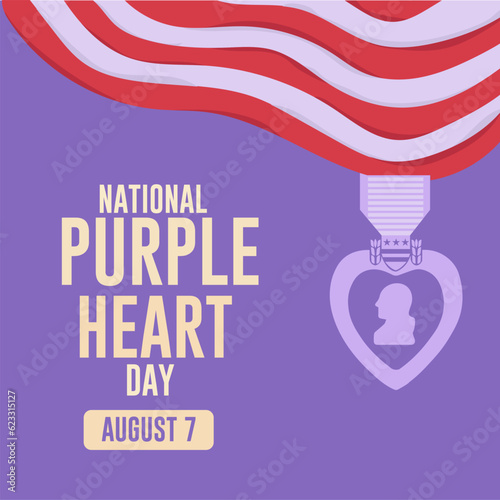 The national Purple heart day on August 7 and the American waving flag in the backdrop. Poster and Web banner design vector illustration.