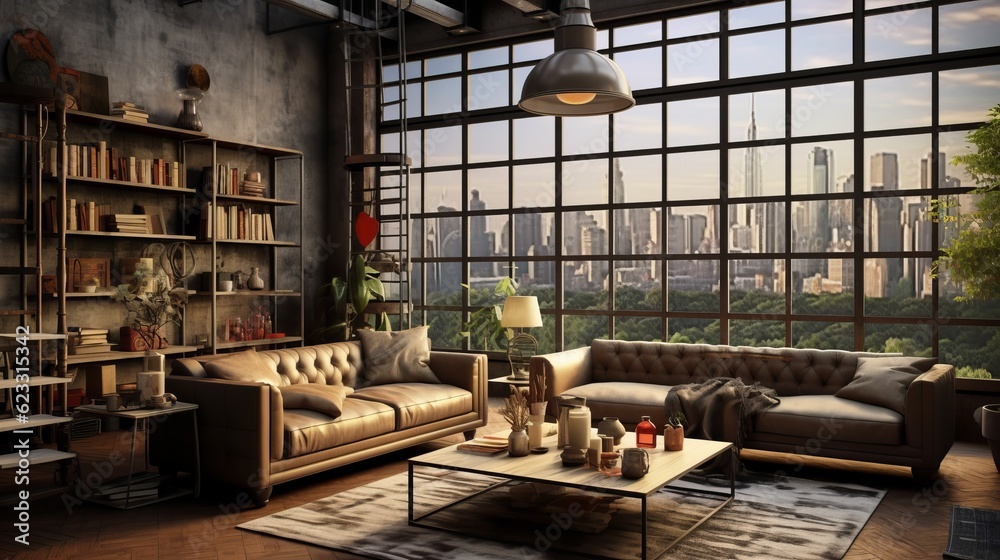 Apartment beautiful showcase interior design Living area in loft modern ccolour scheme and style fullfull with real brick texture construction and full hieght window city view background,ai generate Apartment beautiful showcase interior design Living area in loft modern ccolour scheme and style fullfull with real brick texture construction and full hieght window city view background,ai generate