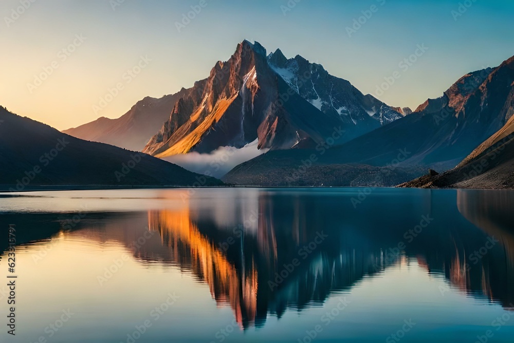 Volcanic mountain in morning light reflected in calm waters of lake