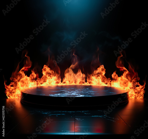 Table top stone or stand product display with fire flames in dark abstract background.generative ai images