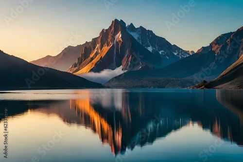 Volcanic mountain in morning light reflected in calm waters of lake © Ahtesham