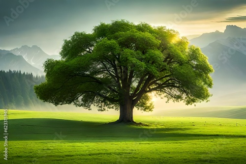 pring meadow with big tree with fresh green leaves