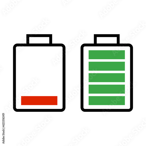 Low remaining battery and full battery icon set. Vector.