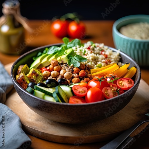 wooden bowl with vegetables on the table