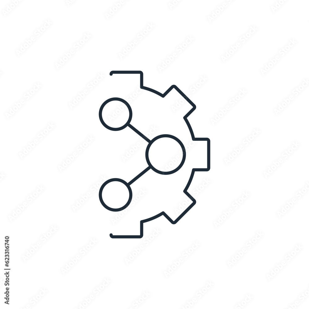 Network and mechanism. Connected tech business solution.Vector linear icon isolated on white background.