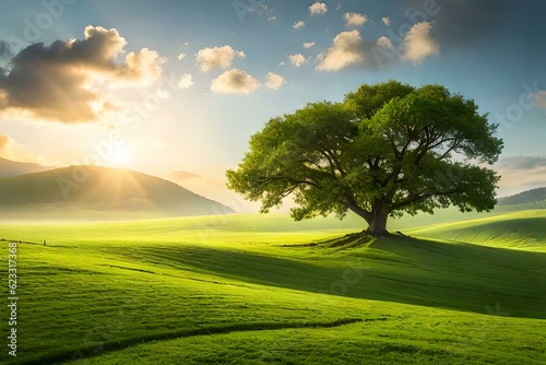 pring meadow with big tree with fresh green leaves