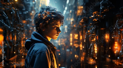 Portrait of a boy in a technical room with sparkling wires AI