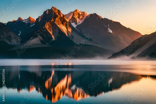 Volcanic mountain in morning light reflected in calm waters of lake © Ahtesham