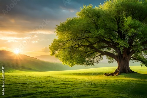 pring meadow with big tree with fresh green leaves