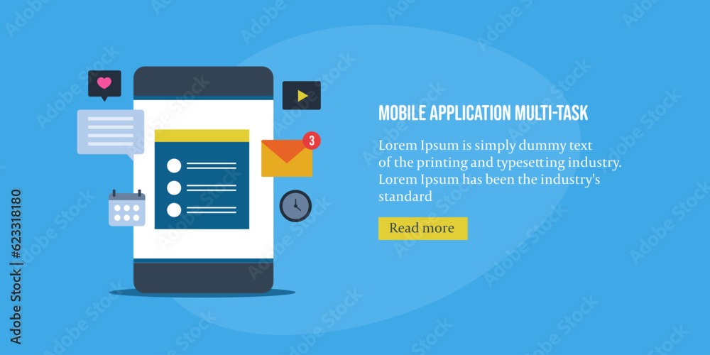Multi tasking application on mobile screen, digital business management app on smartphone, internet technology web banner vector illustration. Multi tasking application on mobile screen, digital business management app on smartphone, internet technology web banner vector illustration.
