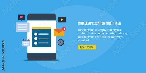 Multi tasking application on mobile screen, digital business management app on smartphone, internet technology web banner vector illustration.
