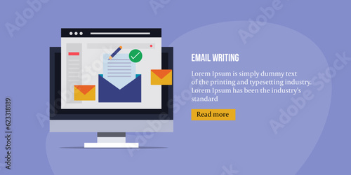 Compose business email letter on web application interface, email message writing and sending to client from computer, internet communication concept, vector illustration web banner.