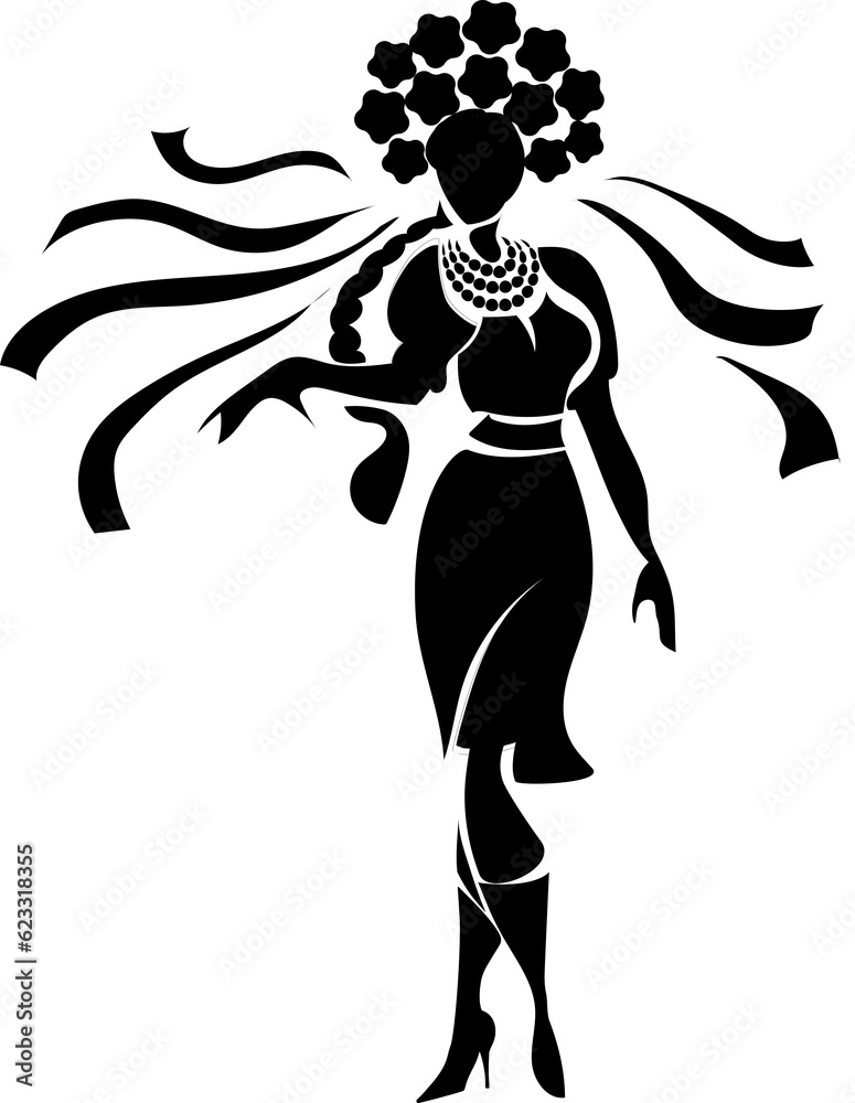 Fototapeta premium Ukrainian girl in a national costume with a long braid and a wreath of flowers. Black silhouette logo.
