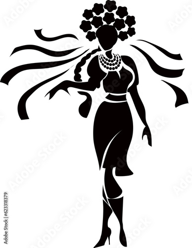 Ukrainian girl in a national costume with a long braid and a wreath of flowers. Black silhouette logo.
