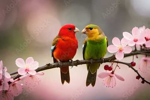 Adorable Love Birds sitting on a branch of a cherry blossom tree Valentine's Day 