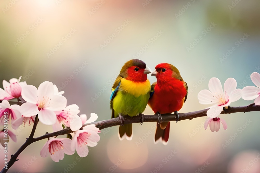 Adorable Love Birds sitting on a branch of a cherry blossom tree Valentine's Day 