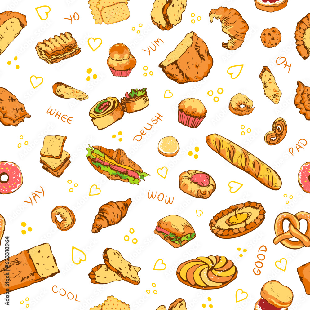 Hand drawn bakery pattern and expressive words Hand drawn bakery pattern and expressive words