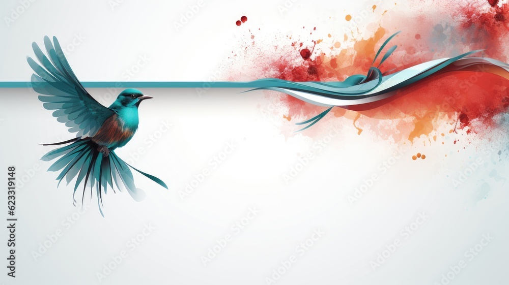 Bird on a tree branch. Web banner with copy space. Generative AI