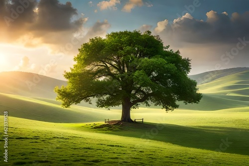 Lonely green oak tree in the field  © Ahtesham