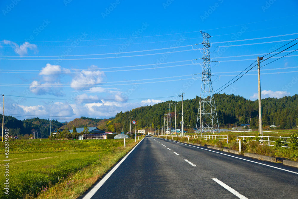 Lanscape of Yamagata countryside with mountains road and rice paddies, Yamagata, Tohoku, Japan.