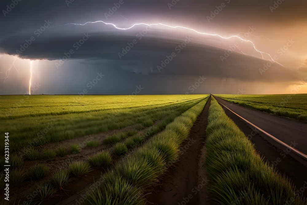 Thunderstorm with lightning strikes over a field