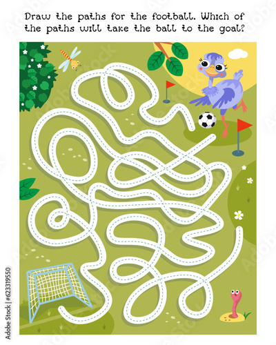 Maze game, activity for children. Draw paths for the ball. Cute ostrich playing football. Vector cartoon illustration. Funny bird animal and sport. 