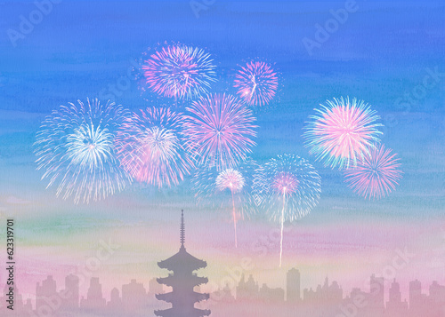 水彩画風明るい花火と五重塔