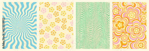 Groovy backgrounds set. Retro groovy texture. 60s and 70s style. Hippie backgrounds. Psychedelic funky abstract. Groovy poster template. Nostalgia for the 70s.