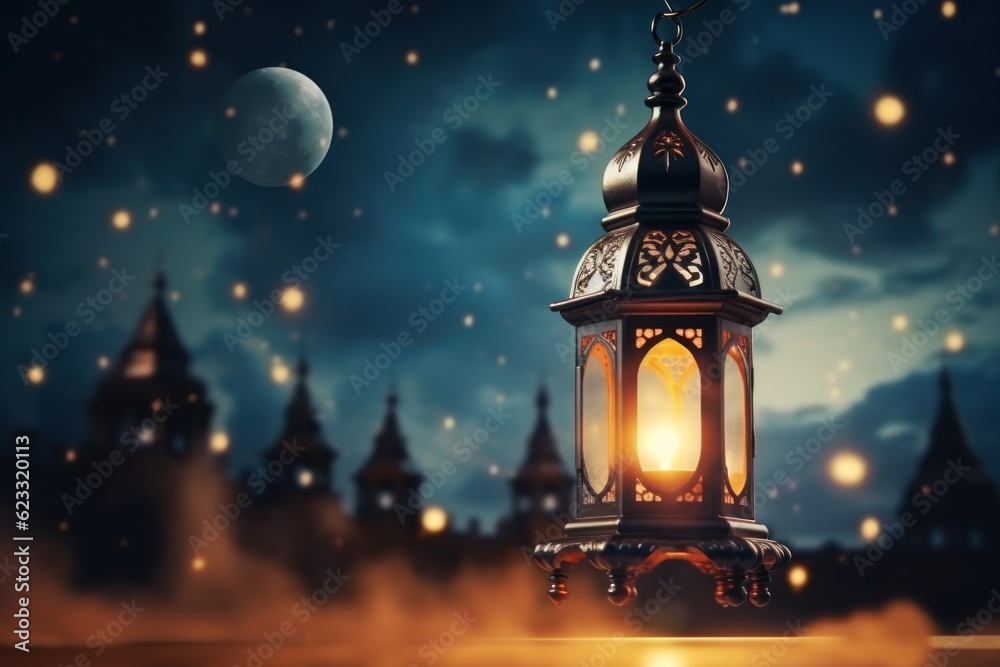 Ornamental Arabic lantern with burning candle glowing at night. Festive greeting card, the invitation for the Muslim holy month Ramadan Kareem. Ornamental Arabic lantern with burning candle glowing at night. Festive greeting card, the invitation for the Muslim holy month Ramadan Kareem.