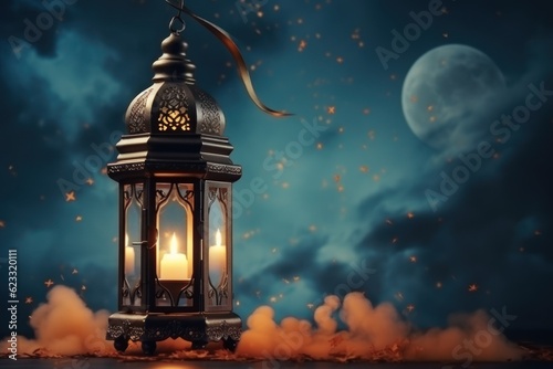 Ornamental Arabic lantern with burning candle glowing at night. Festive greeting card, the invitation for the Muslim holy month Ramadan Kareem.