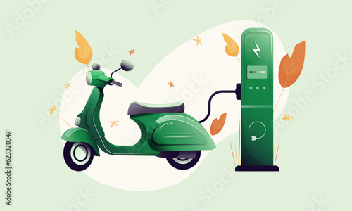 Green electric motorcycle charging from a power source. Concept of ecology and vehicles. Vector illustration
