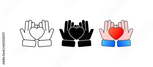 Take care. Flat, colored, hold the heart in your hands, take care of your soul mate, mental health. Vector icons.