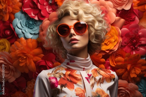 Blond Fashion Woman Wearing Stunning Sunglasses colorful tropical flowers and plants