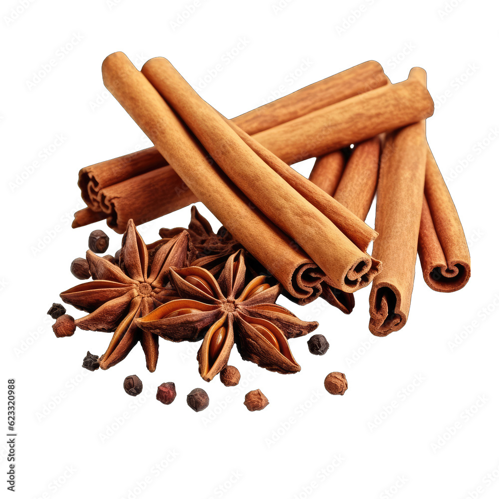 Cinnamon stick and star anise spice isolated on transparent background Cinnamon stick and star anise spice isolated on transparent background