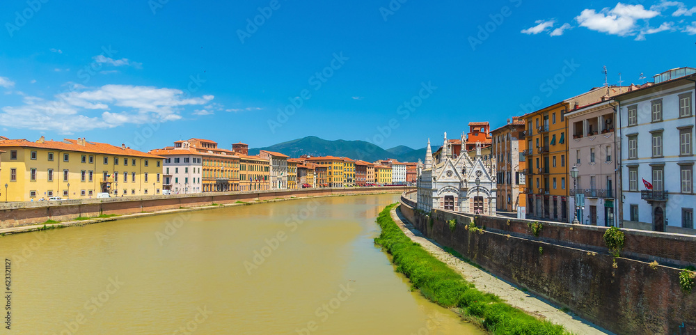 View of the medieval town of Pisa and river Arno