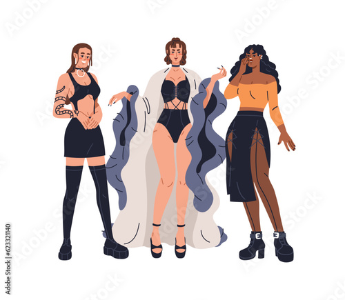 Sexy sassy young women, group portrait. Seductive girls in fashion outfits, leather, latex and fur apparel, erotic trendy clothes. Flat graphic vector illustration isolated on white background