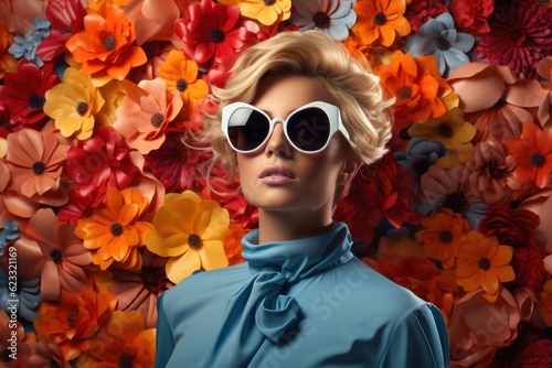 Blond Fashion Woman Wearing Stunning Sunglasses colorful tropical flowers and plants