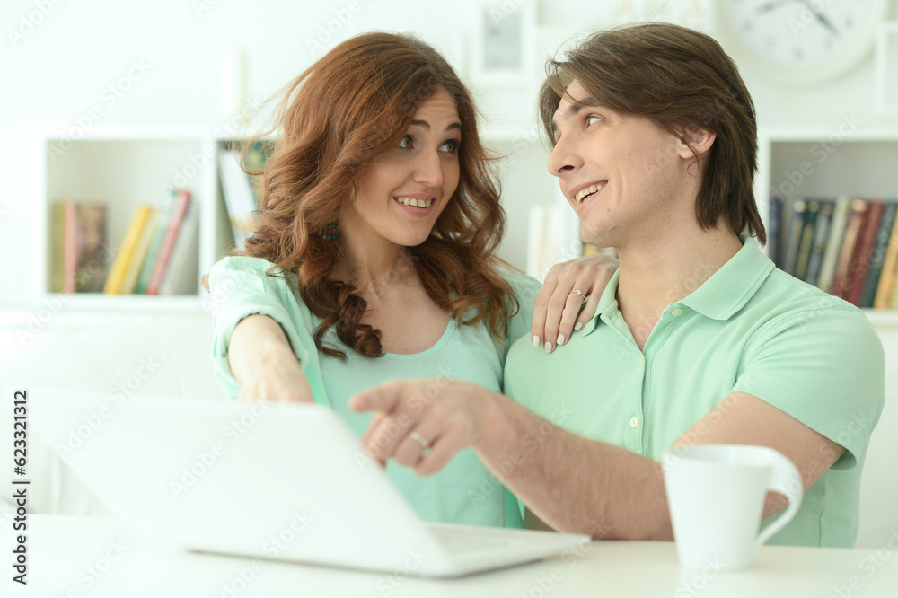 Portrait of smiling young couple pointing at laptop at home Portrait of smiling young couple pointing at laptop at home