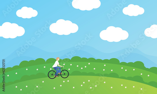 World Car Free Day with bicycle, blue sky and garden for wallpaper, banner, background, backdrop, decoration, post card, print, nature, garden, spring, summer, landscape, earth, environment, ads