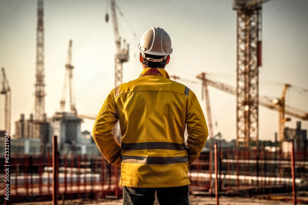 Engineer workers wearing full PPE standing looking at construction site , Rear view of architect on site project with building construction , Created with Generative Ai Technology Engineer workers wearing full PPE standing looking at construction site , Rear view of architect on site project with building construction , Created with Generative Ai Technology