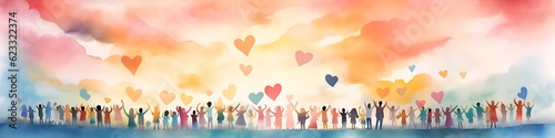 Fotografiet World Children´s Day, multicultural children raise their arms and hands to hand painted hearts in the sky