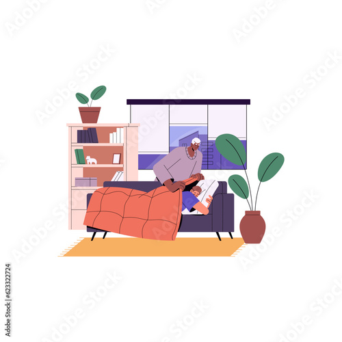 Old grandmother caring about grandchild falling asleep on sofa in living room. Grandma covering man with duvet, blanket. Person sleeping on couch. Flat vector illustration isolated on white background