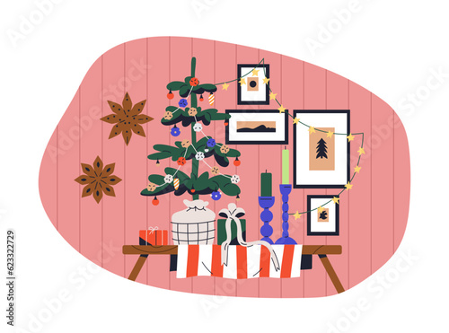 Christmas decorations, home composition. Xmas tree with baubles, holiday gift...