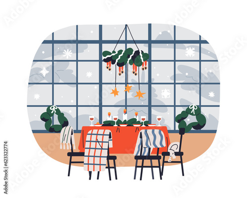 Christmas dining table served, designed for winter holiday dinner. Home with festive Xmas decoration, fir wreaths, candles, cozy plaids on chairs. Flat vector illustration isolated on white background