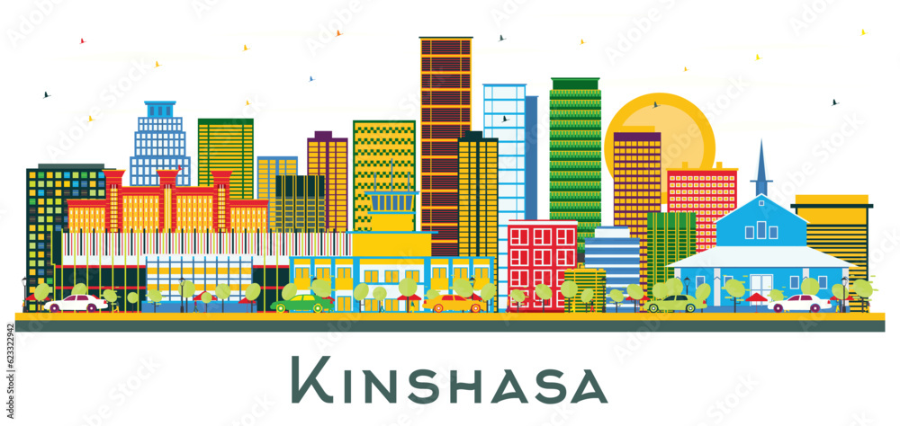 Kinshasa City Skyline with Color Buildings Isolated on White.