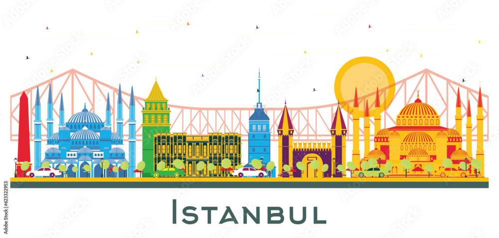 Istanbul Turkey City Skyline with Color Landmarks Isolated on White.