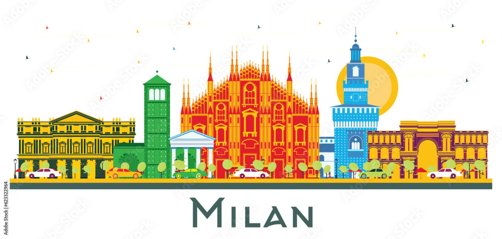 Naklejka premium Milan Italy City Skyline with Color Landmarks Isolated on White.