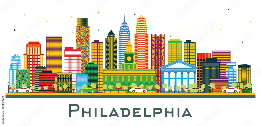 Philadelphia Pennsylvania City Skyline with Color Buildings Isolated on White.