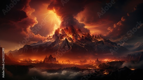  A volcano erupting. Eruption of a volcanic mountain, and red magma spewing out and flowing.