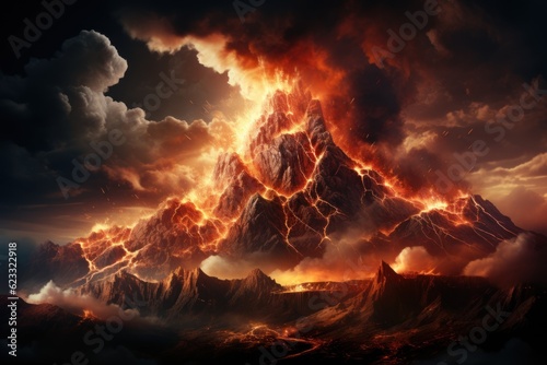  A volcano erupting. Eruption of a volcanic mountain  and red magma spewing out and flowing.